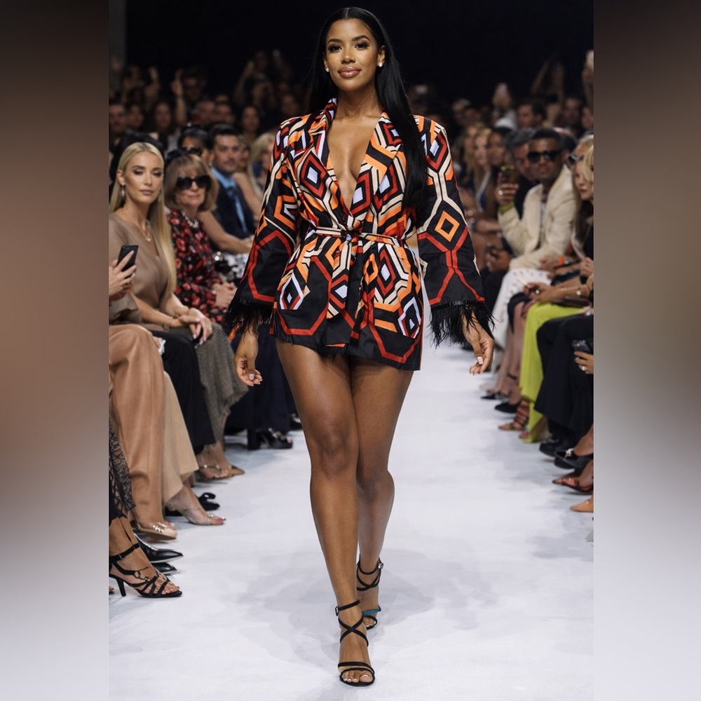 Geometric Glam Feathered Wrap Dress / Jacket | Small - Medium-Large